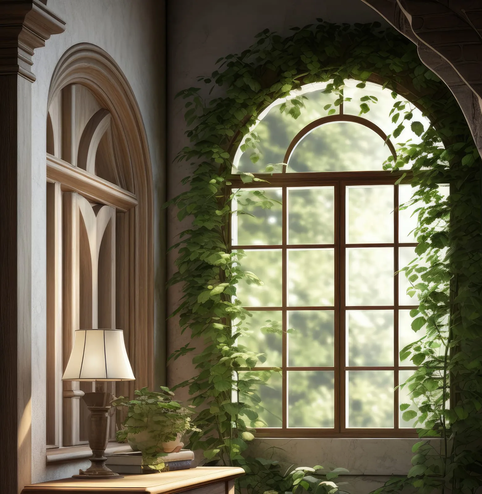 Tall arched window with white glazing bars set in a wall softened by climbing ivy