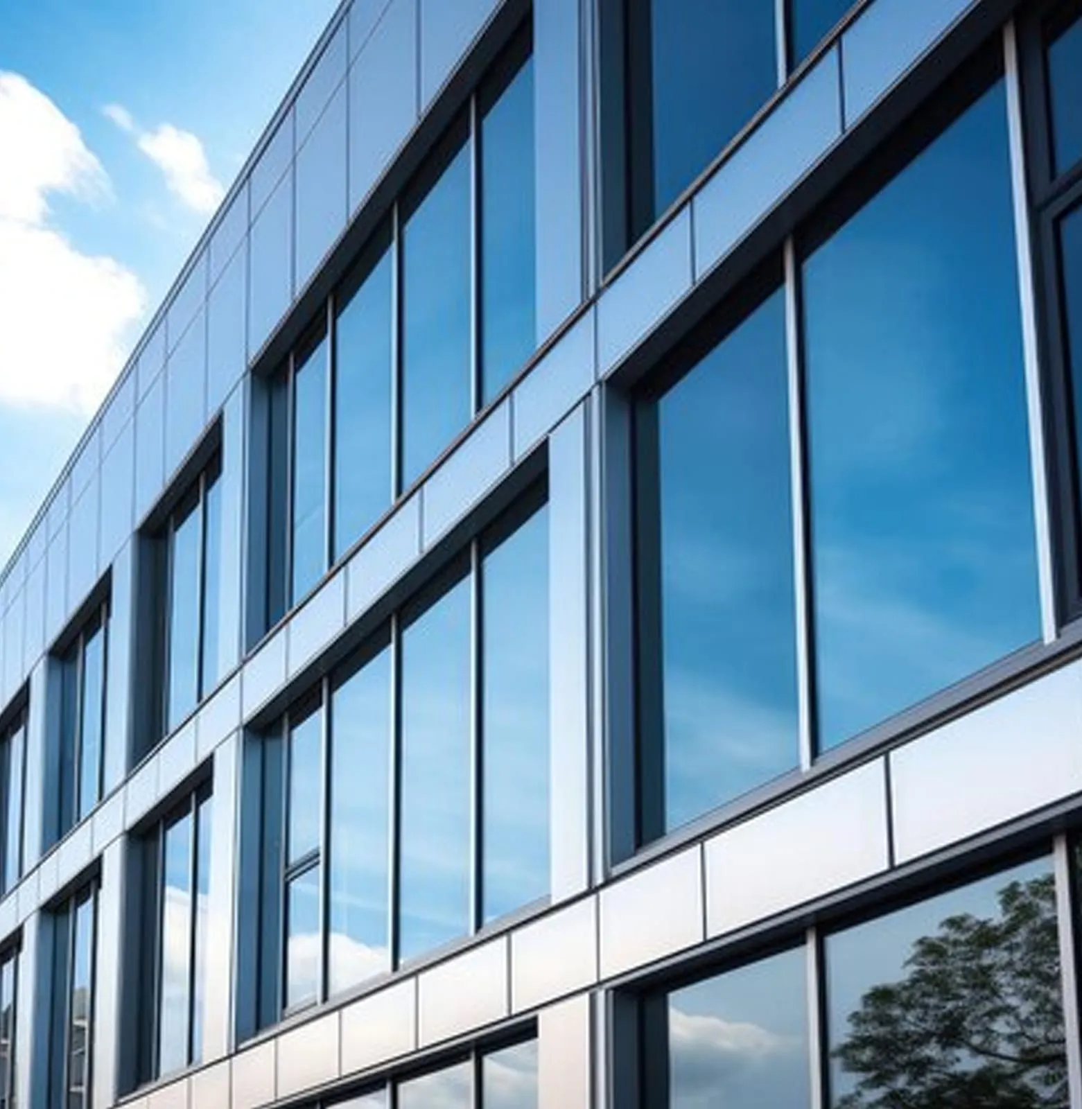 Modern office elevation of dark-framed double-glazed windows reflecting a clear blue sky