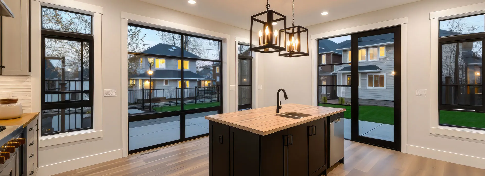 Kitchen and dining area at dusk lit from within, dark-framed windows along the far wall