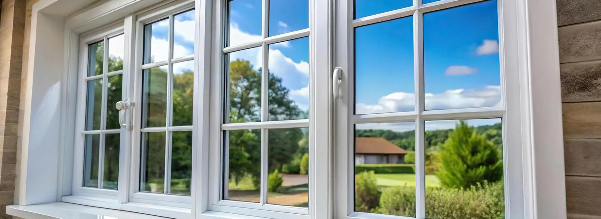 Bright room with white-framed windows along one wall looking out over a sunlit garden