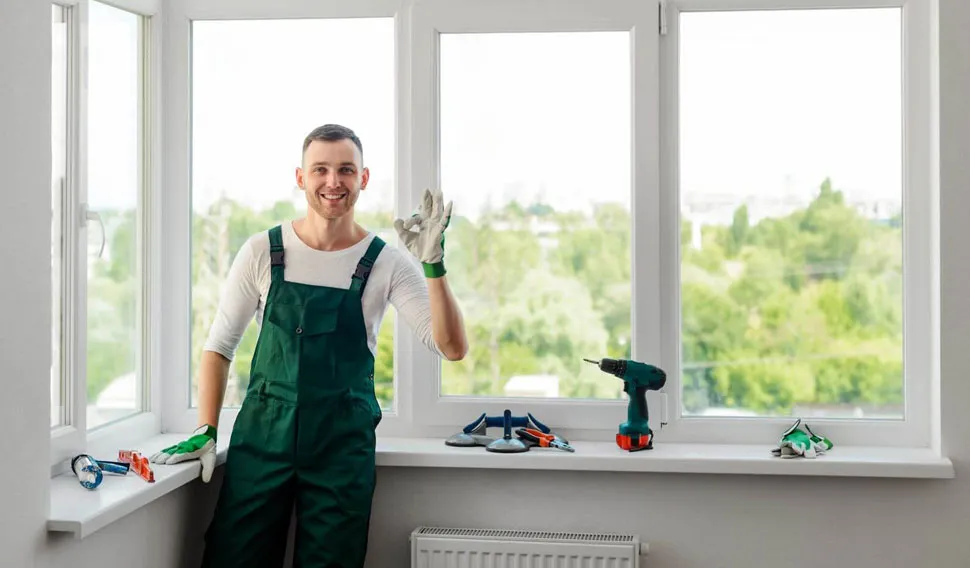 Fitter in green dungarees beside a three-panel white window, drill and suction cups on the sill