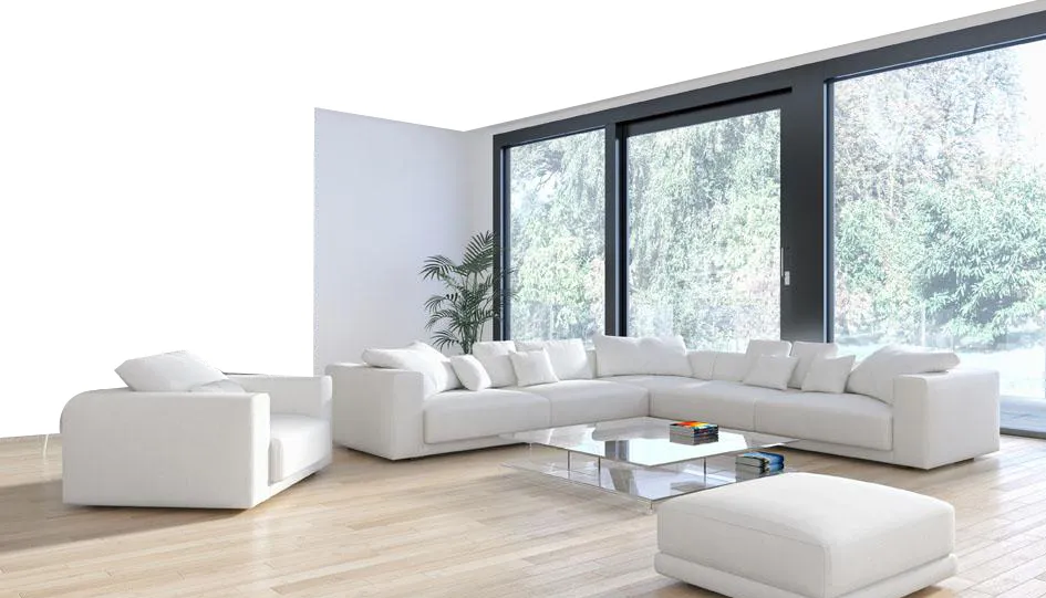 Minimal white living room with slim dark-framed full-height glazing looking onto trees