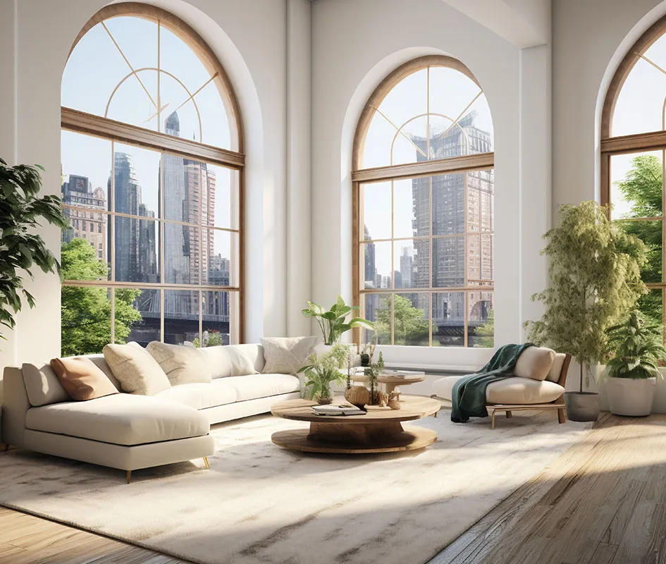 Double-height living room with three tall arched windows looking out over a city skyline