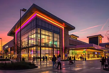 Modern shopping centre entrance lit at dusk, shoppers crossing the forecourt under a glazed canopy