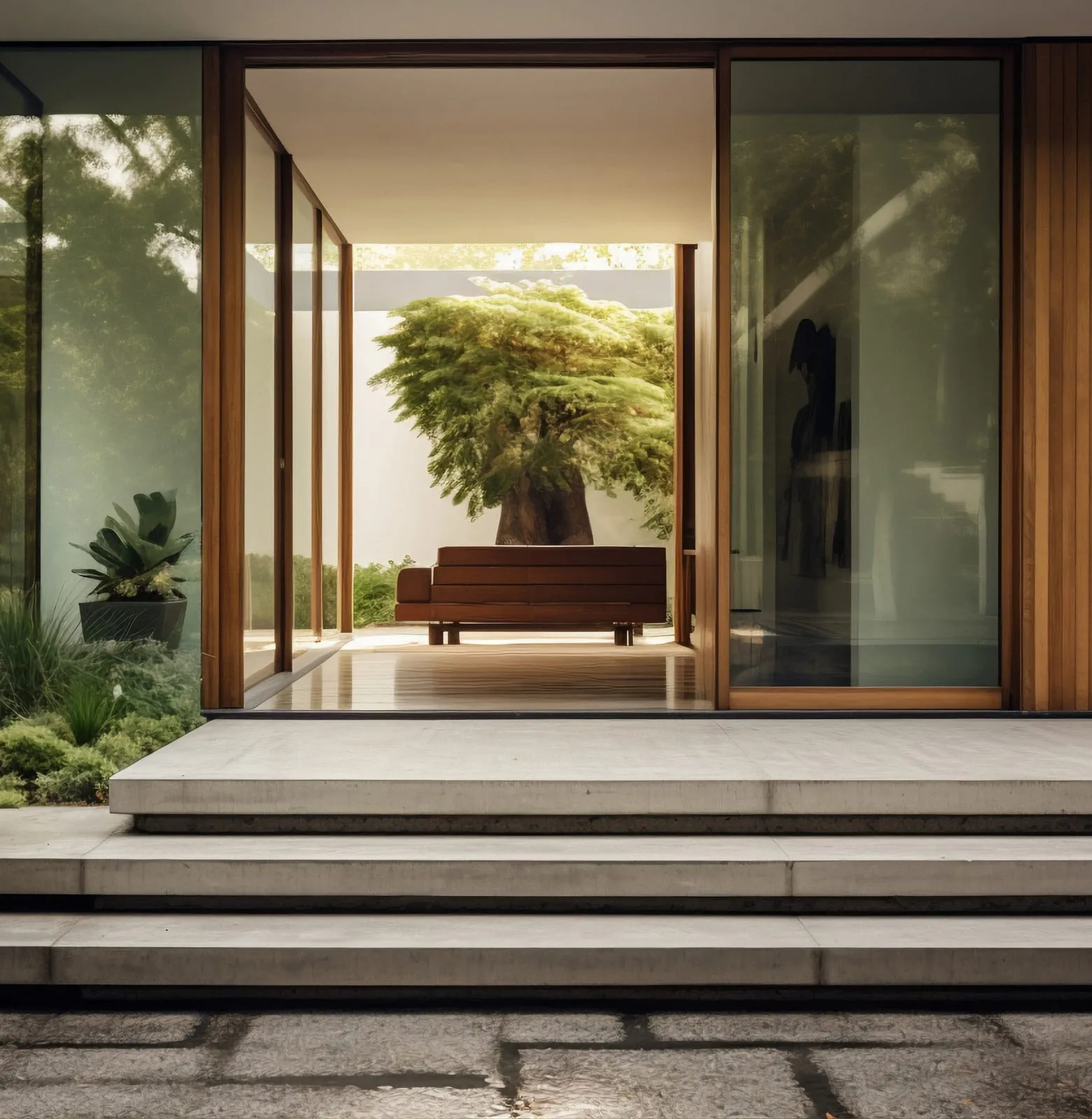 Broad timber-framed sliding entrance panels open onto a planted courtyard garden
