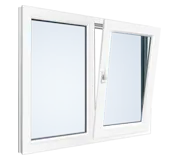 Product render of a white uPVC tilt-and-turn window, sash tilted inward at the top